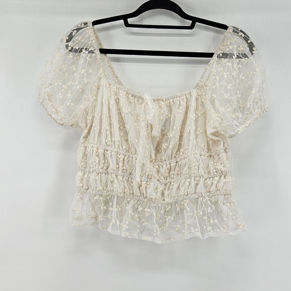 Japana Tops - Coquette Sheer Mesh Puff Sleeve Ruched Top Blouse Going Out Large Fairy Milkmaid